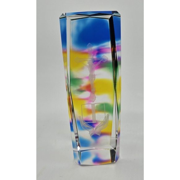 Christian Religious 3D Laser Etched Glass Rainbow Tie-Dye Jesus Paperweight - Picture 1 of 6